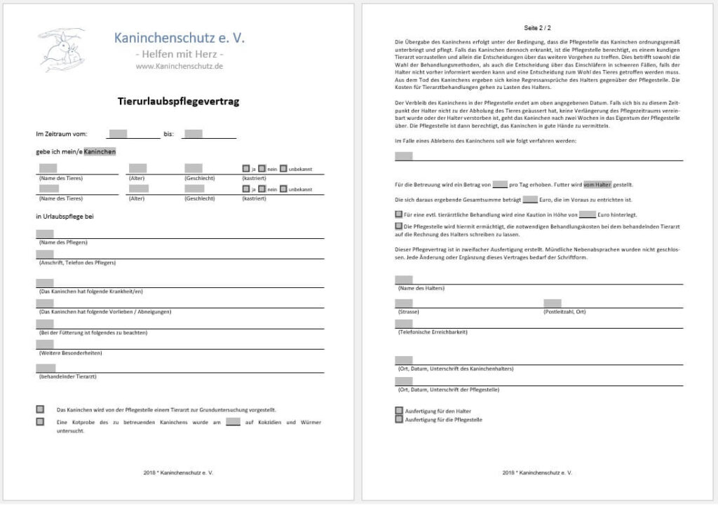 Vorlage Urlaubspflegevertrag Kaninchen